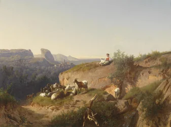 Geitenhoedster met kudde voor een Italiaans landschap